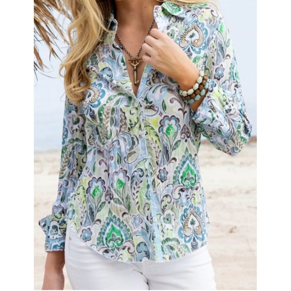 Cinos Women Small Blue Green Paisley Floral Cotton Gauze Button Down Shirt